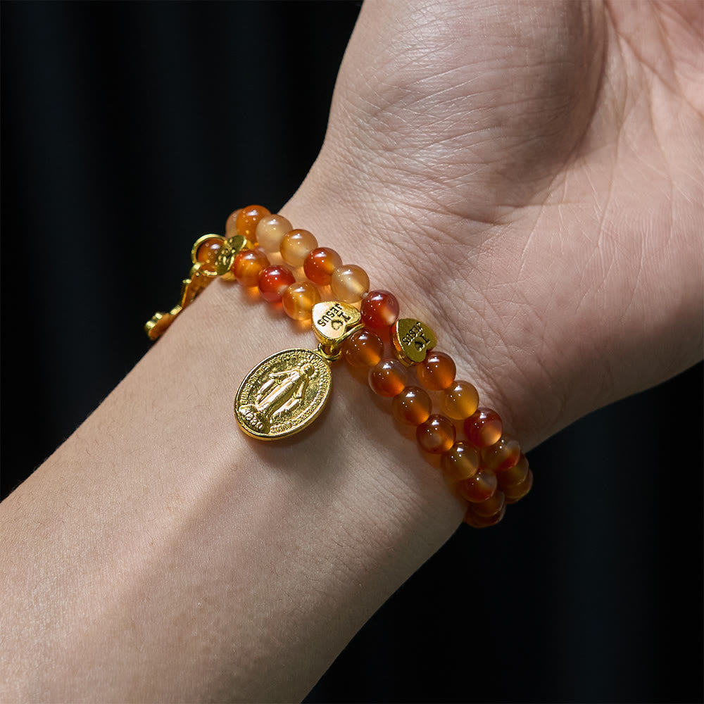 Pulsera Rosario Caramelo Cálido con Detalle de JESÚS y la Virgen
