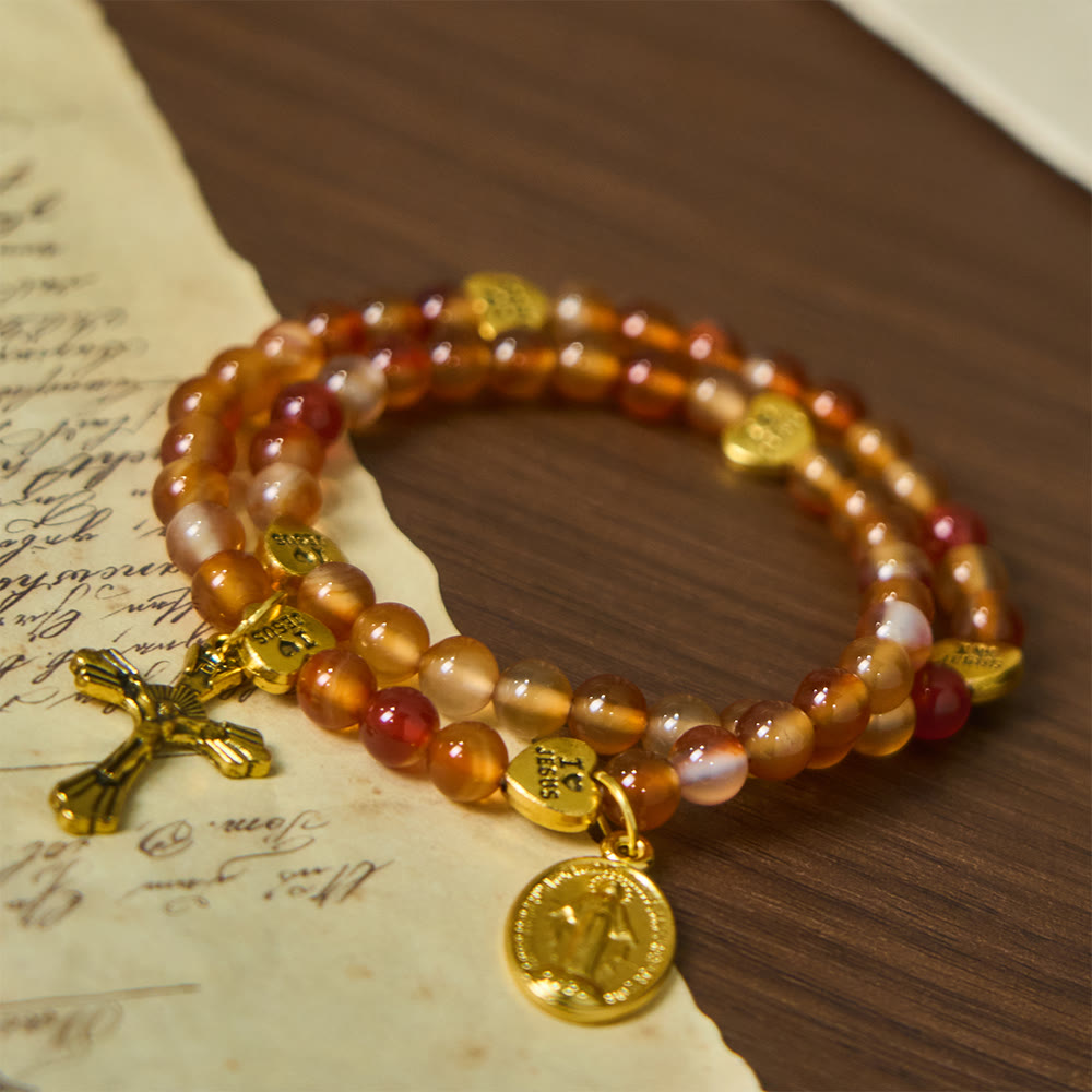 Pulsera Rosario Caramelo Cálido con Detalle de JESÚS y la Virgen