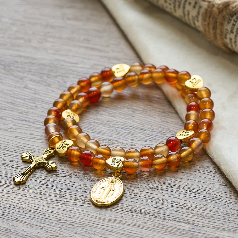 Pulsera Rosario Caramelo Cálido con Detalle de JESÚS y la Virgen