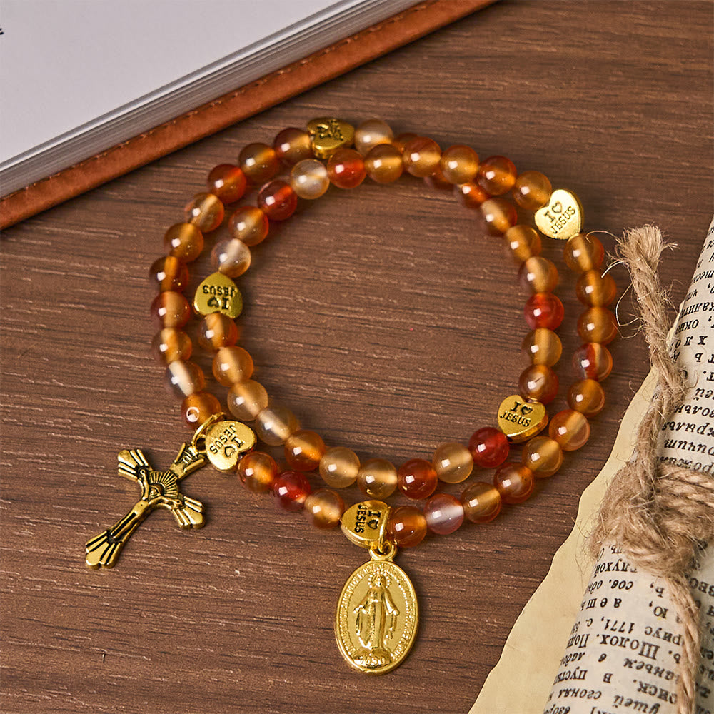 Pulsera Rosario Caramelo Cálido con Detalle de JESÚS y la Virgen