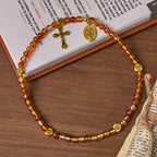 Pulsera Rosario Caramelo Cálido con Detalle de JESÚS y la Virgen