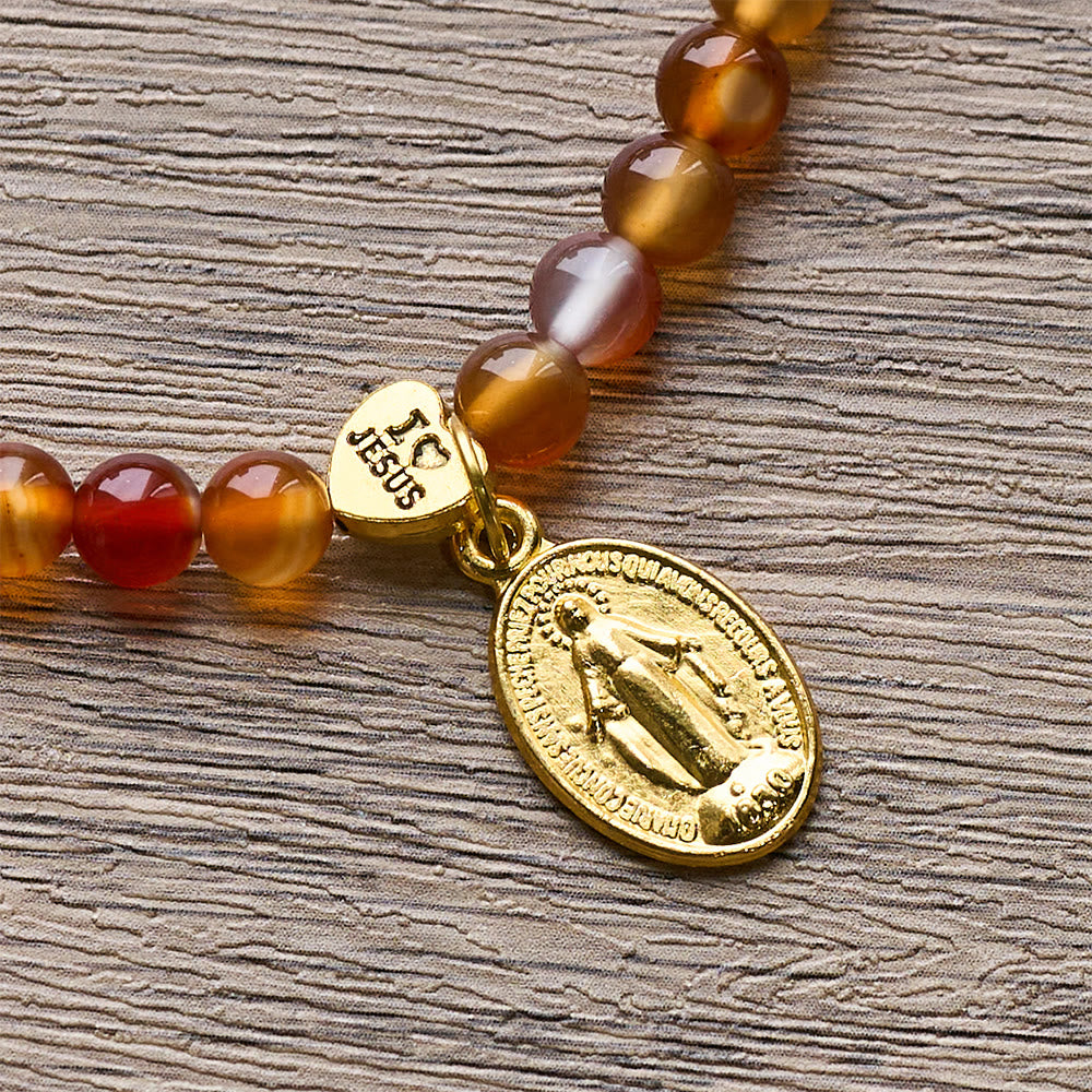 Pulsera Rosario Caramelo Cálido con Detalle de JESÚS y la Virgen