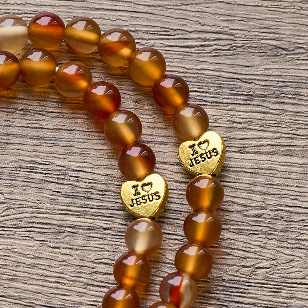 Pulsera Rosario Caramelo Cálido con Detalle de JESÚS y la Virgen
