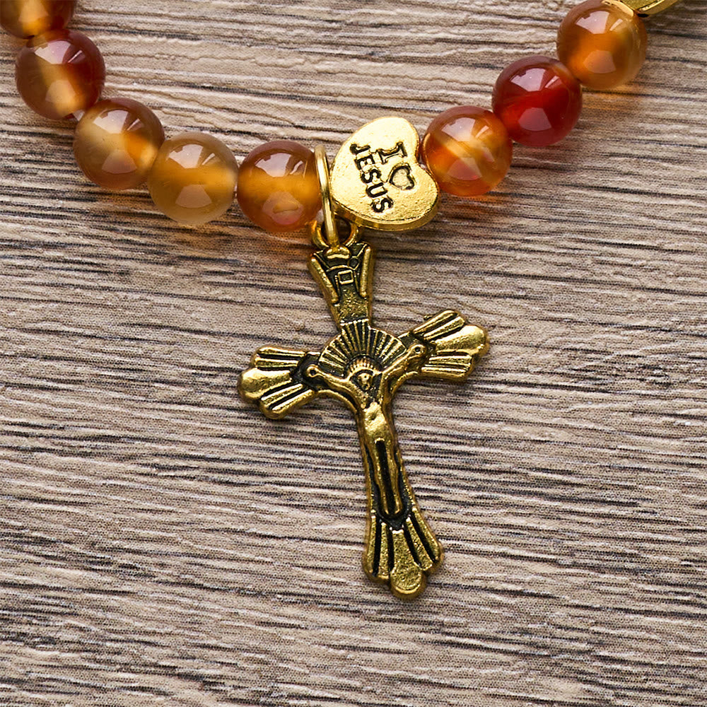 Pulsera Rosario Caramelo Cálido con Detalle de JESÚS y la Virgen