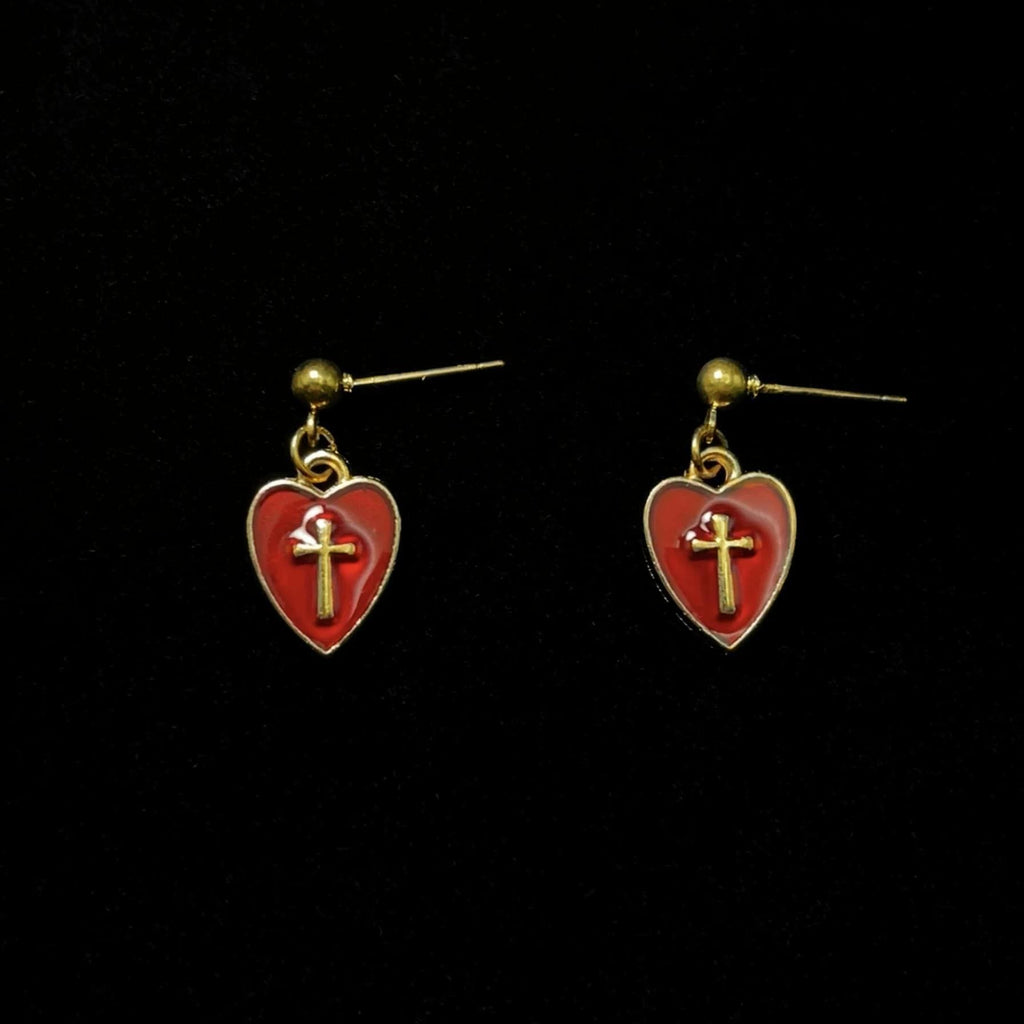 Collar y Aretes a Juego con Dije de Corazón y Cruz: Encarna Su Tierno Amor
