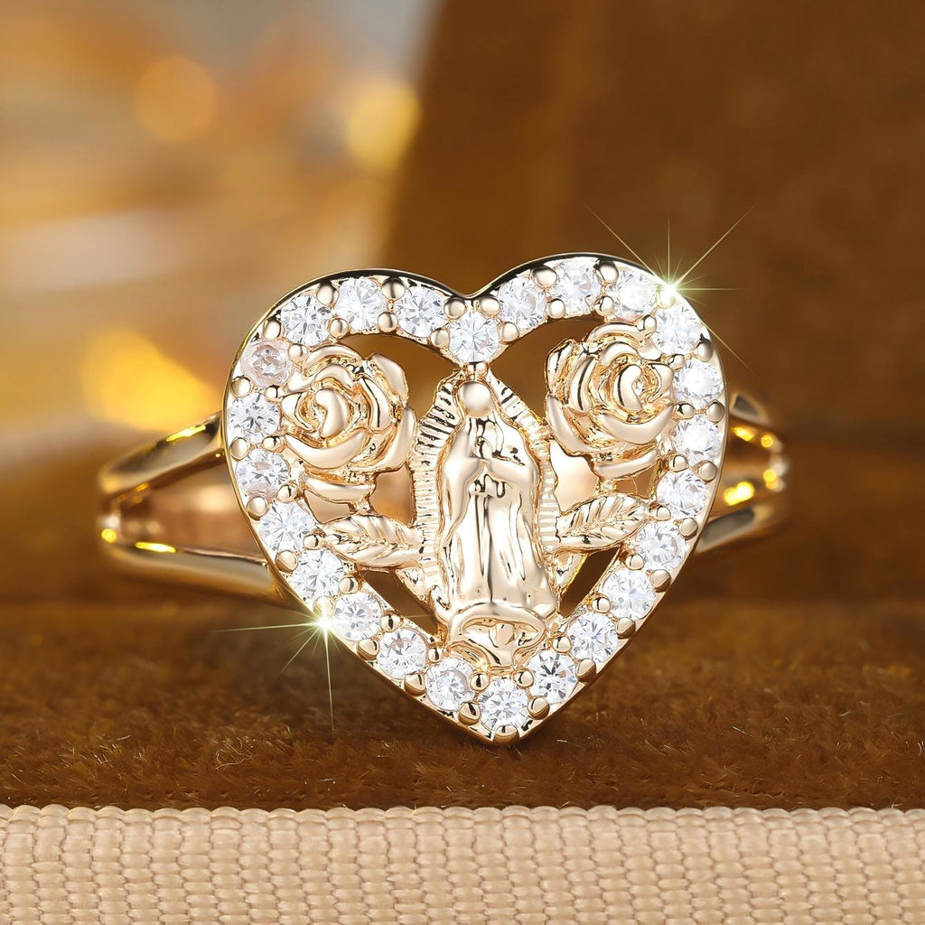 Anillo con Motivo de Virgen en Forma de Corazón con Rosas: Lleva Su Cuidado Cada Día