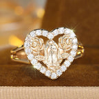 Anillo con Motivo de Virgen en Forma de Corazón con Rosas: Lleva Su Cuidado Cada Día