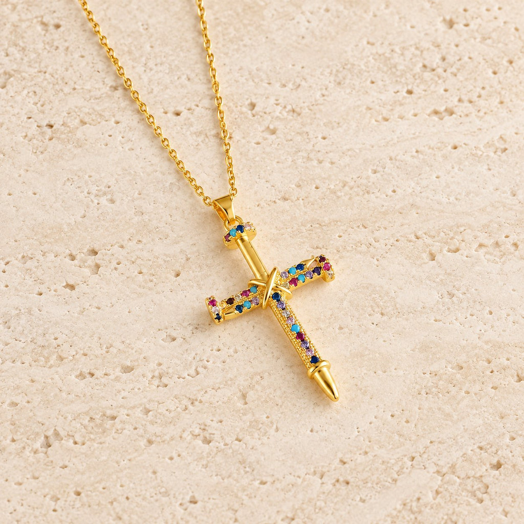 Nail-Inspired Cross Necklace with Cubic Zirconia
