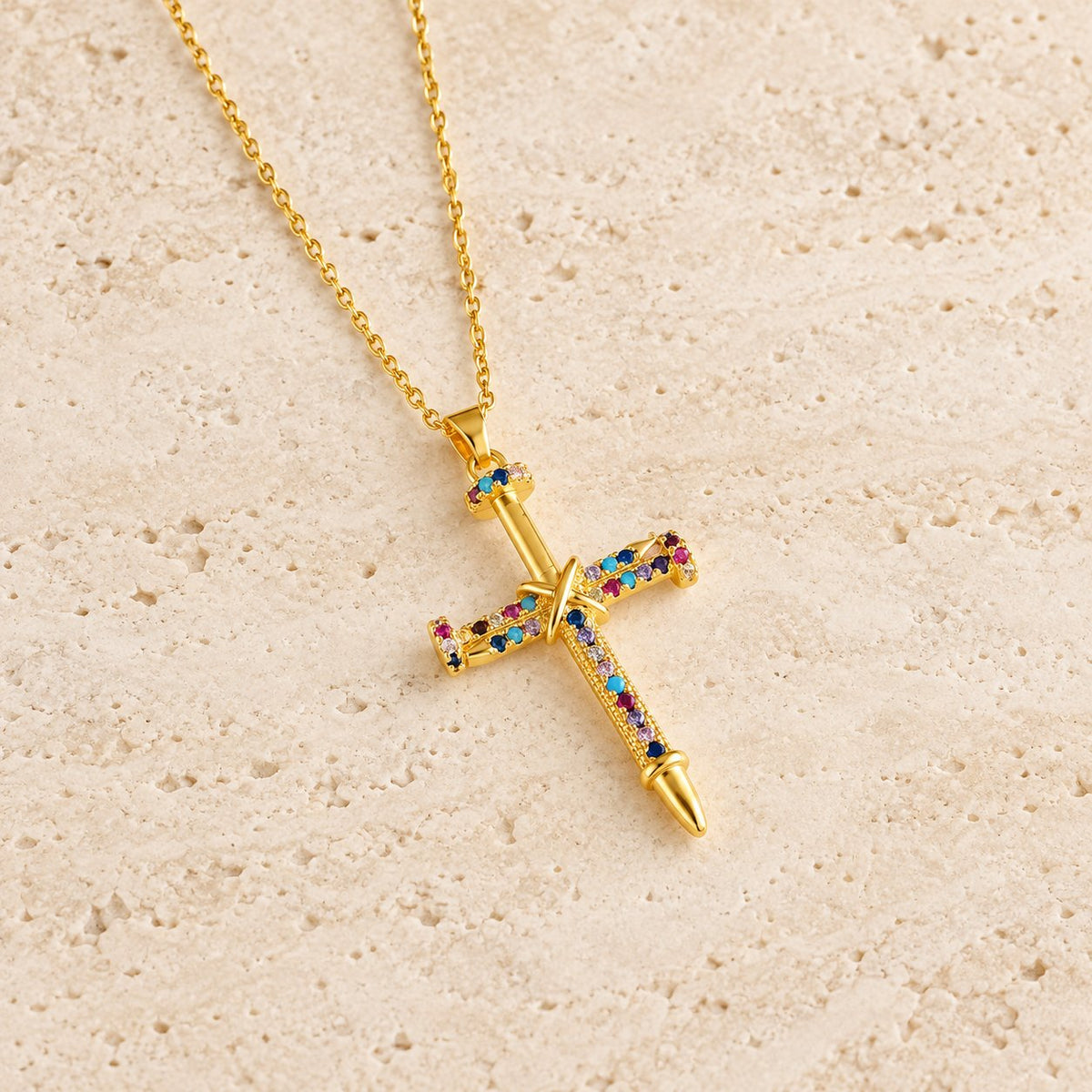 Nail-Inspired Cross Necklace with Cubic Zirconia