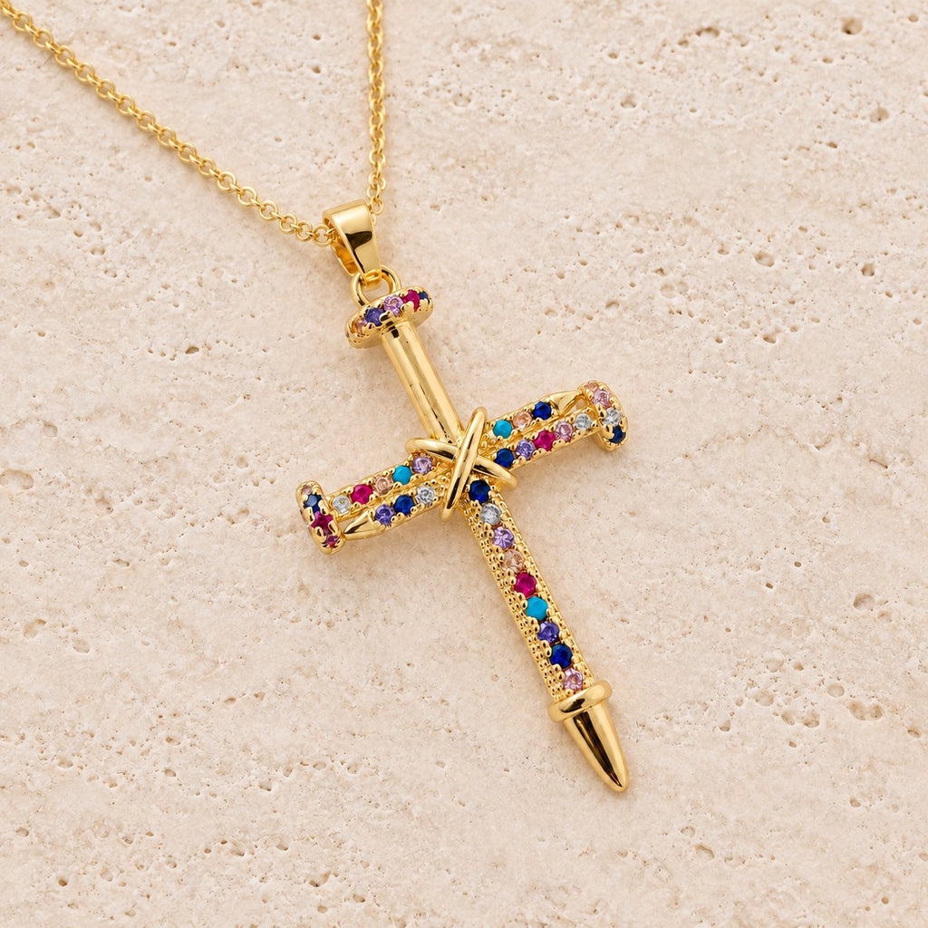 Nail-Inspired Cross Necklace with Cubic Zirconia
