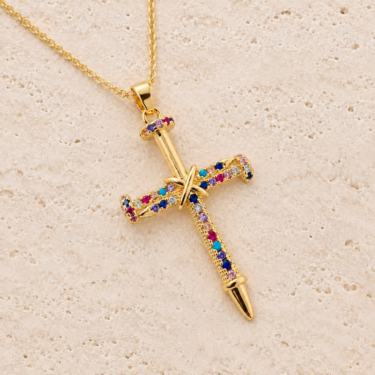 Nail-Inspired Cross Necklace with Cubic Zirconia