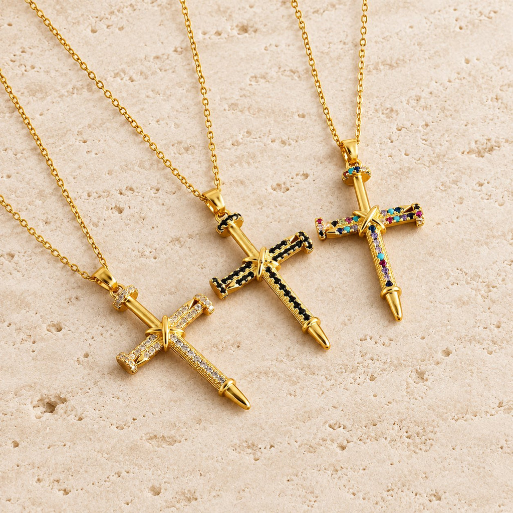 Nail-Inspired Cross Necklace with Cubic Zirconia