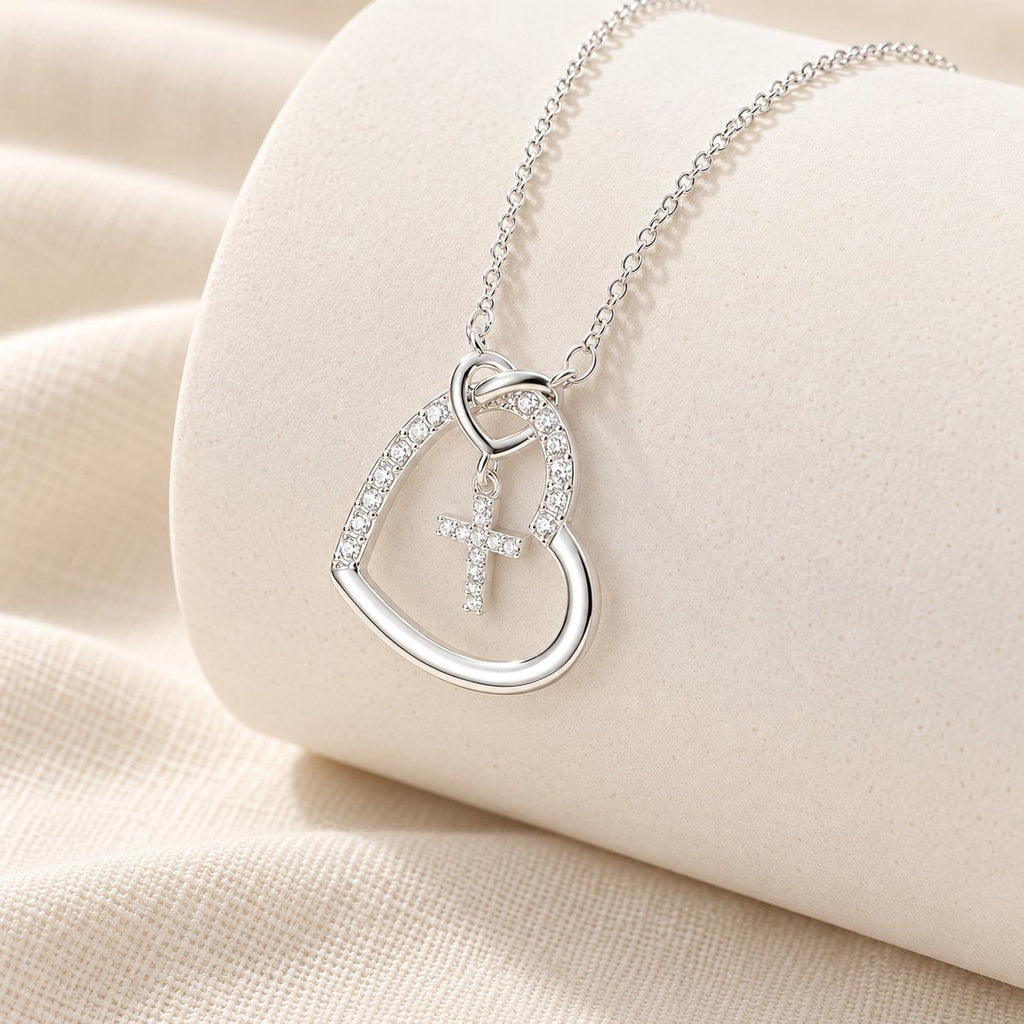 Intertwined Heart Cross Necklace with Card