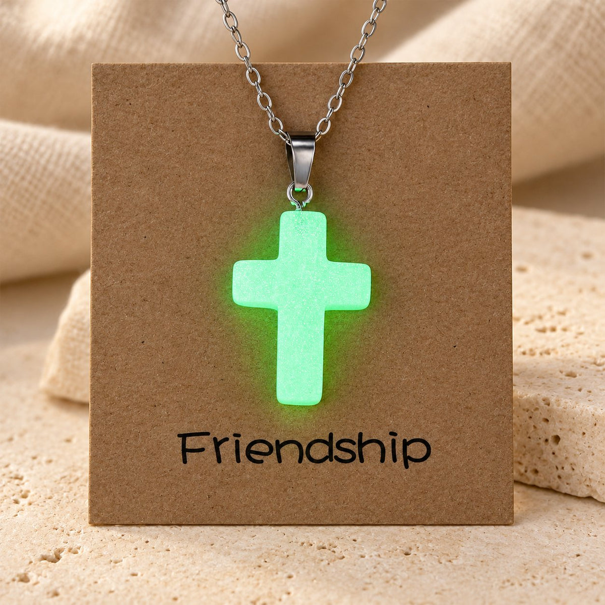 Glow-in-the-Dark Cross Necklace with Friendship Message Card