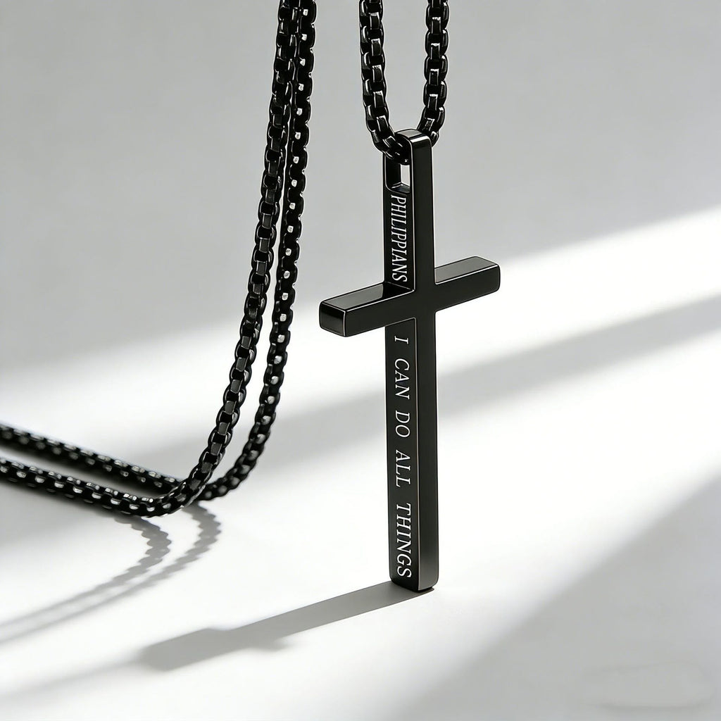 Collar de Cruz con Inscripción "Todo lo Puedo": Recordatorio Elegante de Su Fuerza