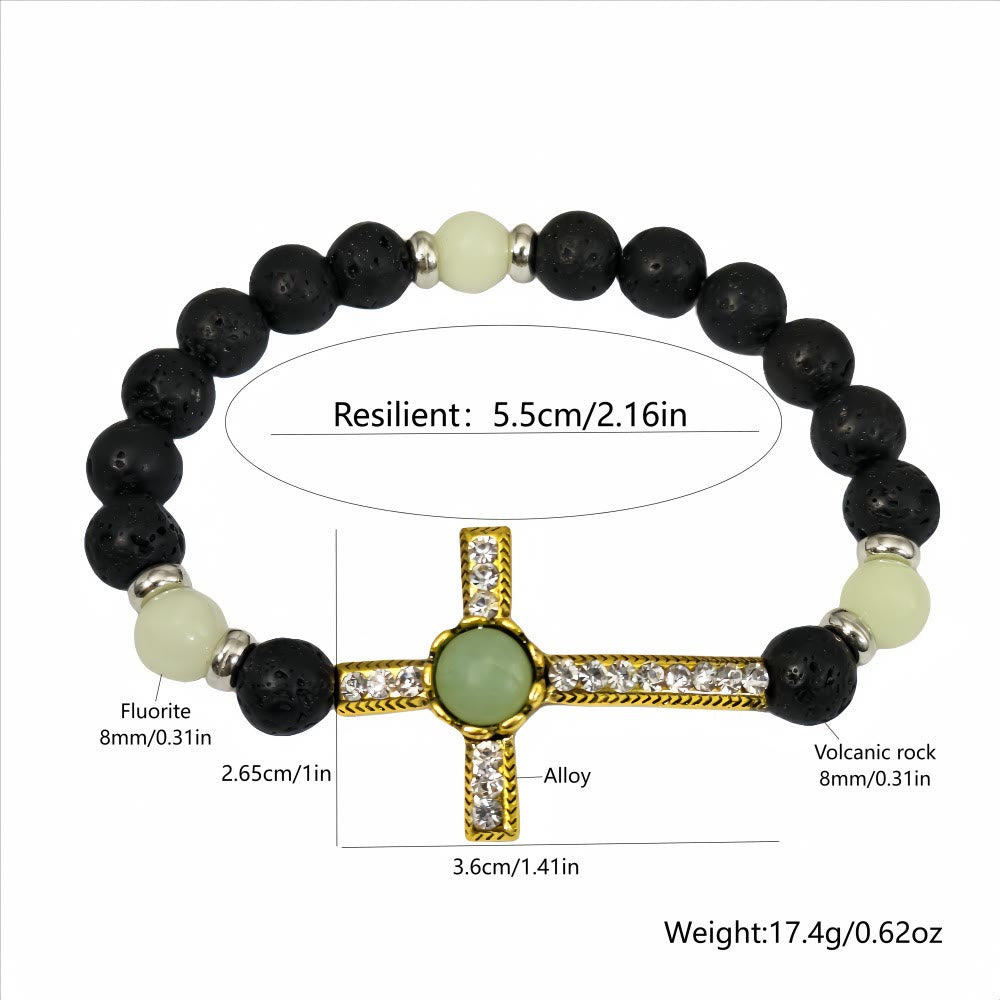 Pulsera de Piedra Volcánica con Cruz que Brilla en la Oscuridad: Encarna Su Gracia Luminosa