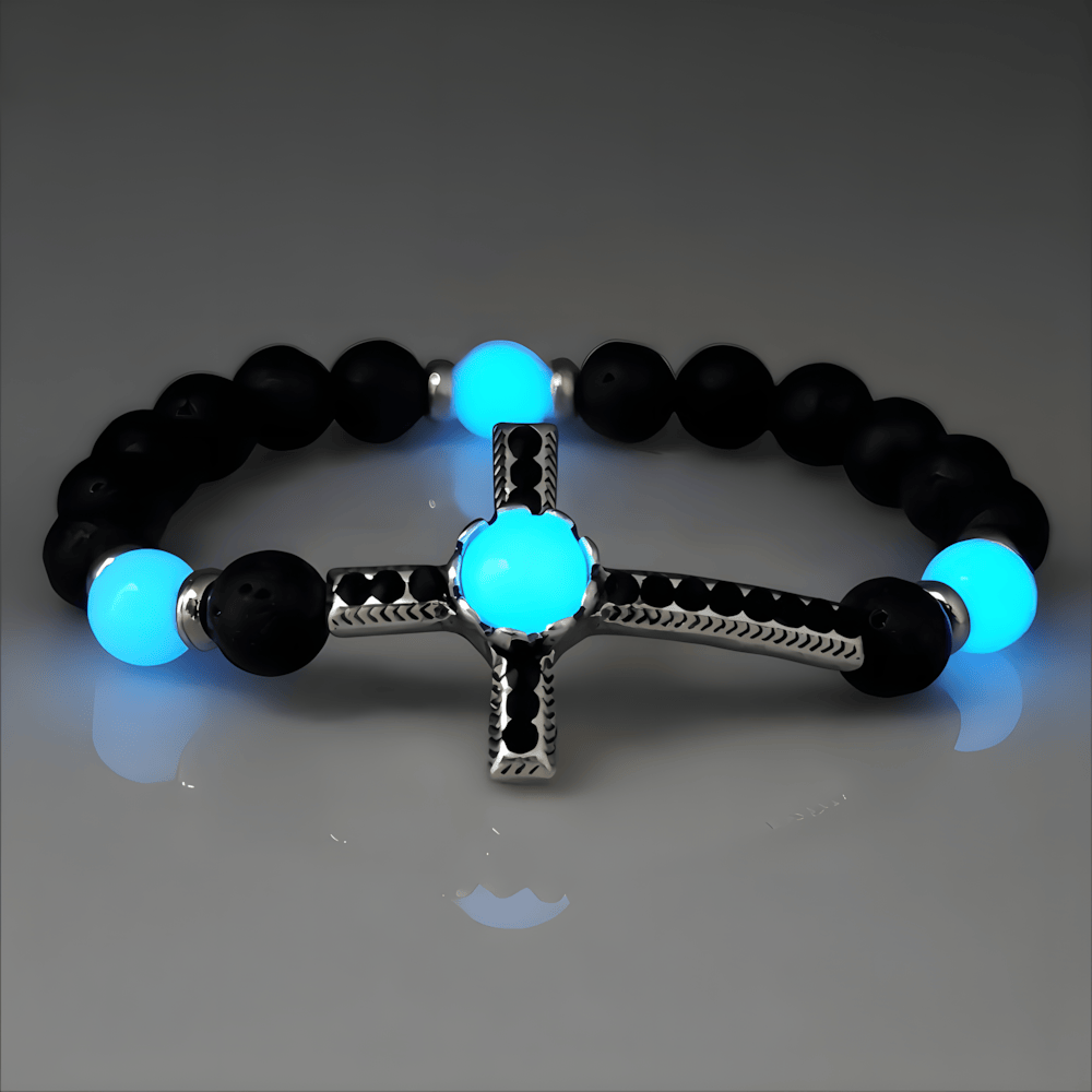 Pulsera de Piedra Volcánica con Cruz que Brilla en la Oscuridad: Encarna Su Gracia Luminosa