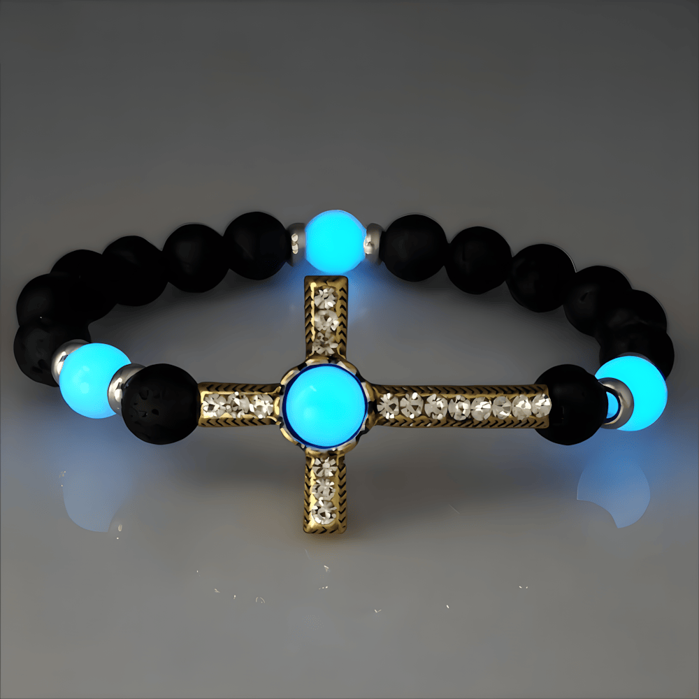 Pulsera de Piedra Volcánica con Cruz que Brilla en la Oscuridad: Encarna Su Gracia Luminosa