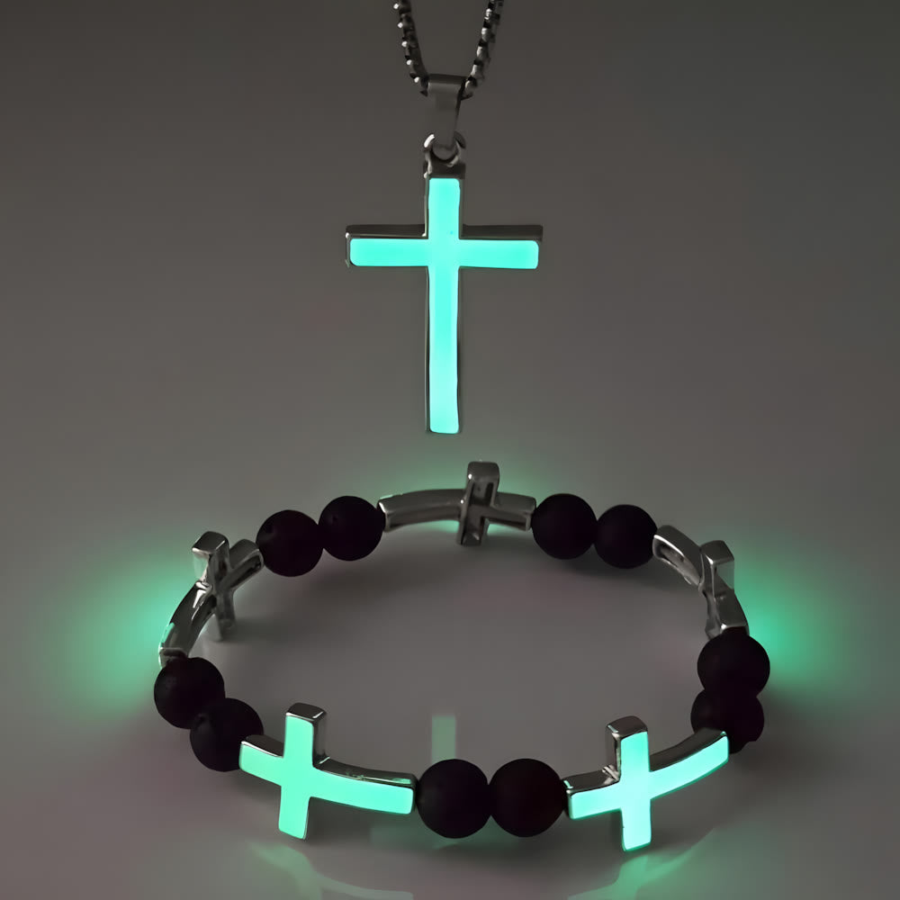 Set de Collar de Cruz Luminoso y Pulsera de Cuentas: Recuerda Su Luz Serena
