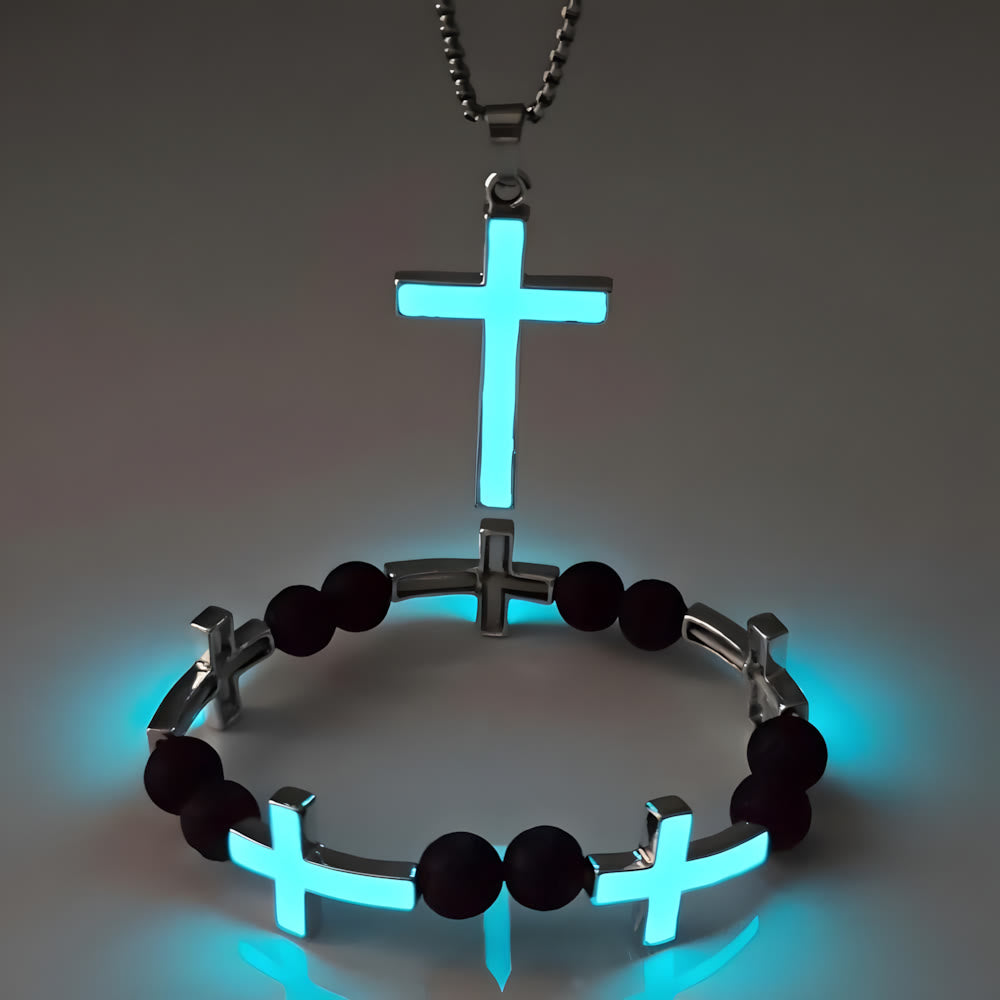 Set de Collar de Cruz Luminoso y Pulsera de Cuentas: Recuerda Su Luz Serena