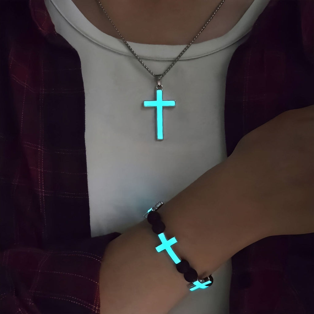 Set de Collar de Cruz Luminoso y Pulsera de Cuentas: Recuerda Su Luz Serena