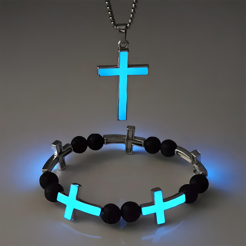 Set de Collar de Cruz Luminoso y Pulsera de Cuentas: Recuerda Su Luz Serena