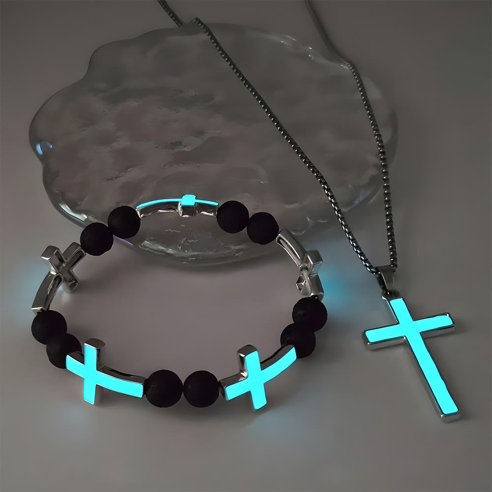 Set de Collar de Cruz Luminoso y Pulsera de Cuentas: Recuerda Su Luz Serena
