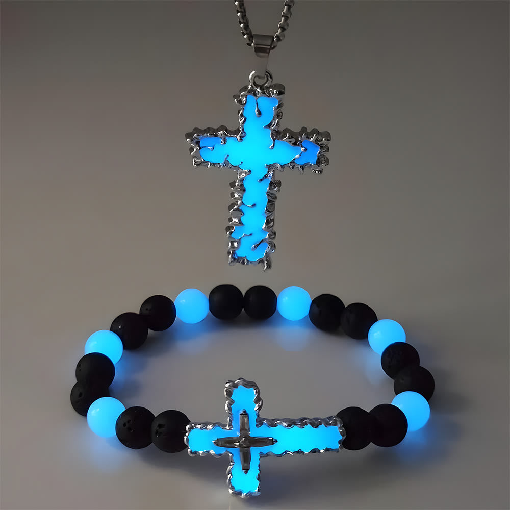 Set de Collar de Cruz Luminoso y Pulsera de Cuentas en 3 Colores: Recuerda Su Luz Serena