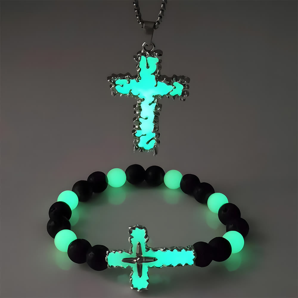Set de Collar de Cruz Luminoso y Pulsera de Cuentas en 3 Colores: Recuerda Su Luz Serena