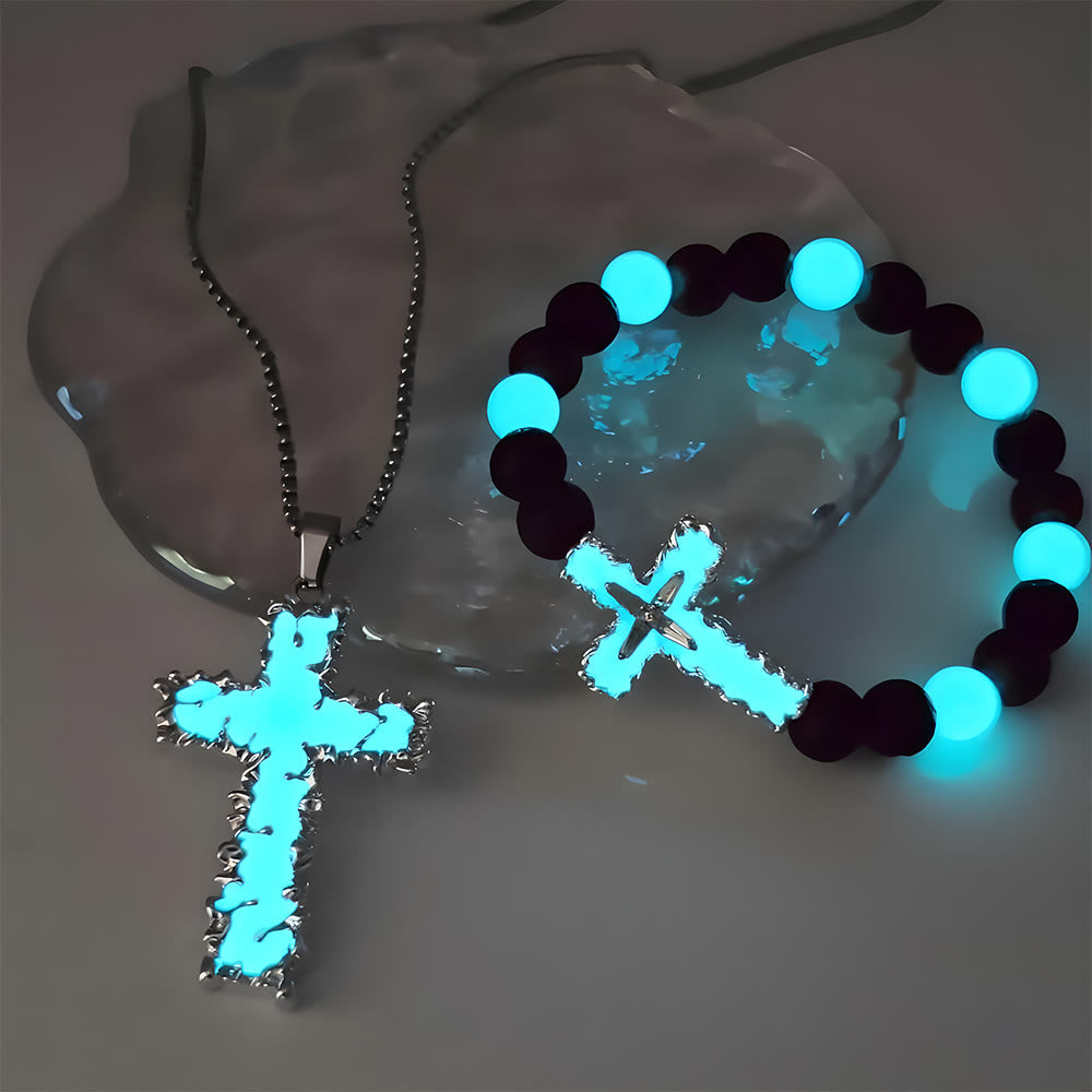 Set de Collar de Cruz Luminoso y Pulsera de Cuentas en 3 Colores: Recuerda Su Luz Serena