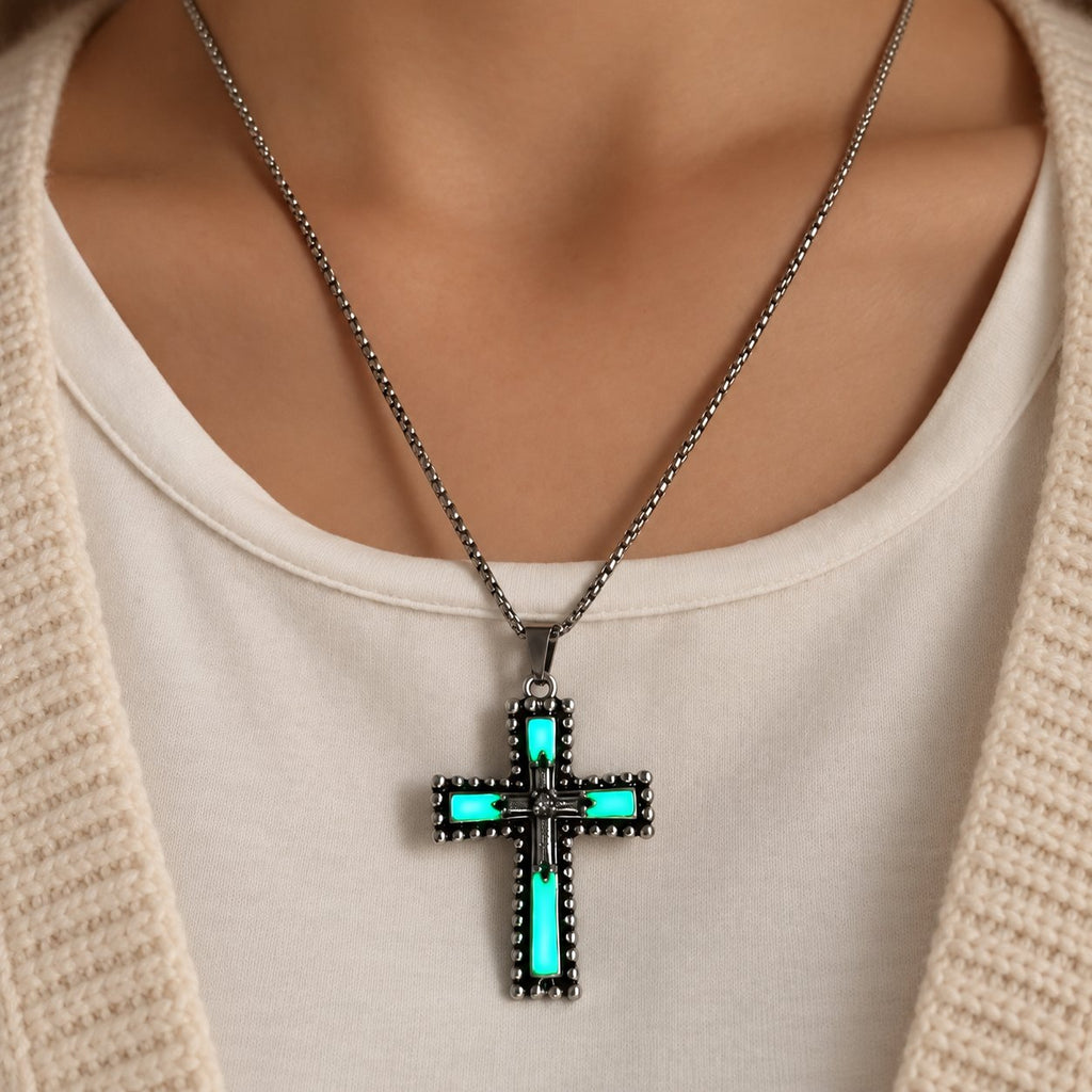 Glow-in-the-Dark Cross Jewelry Set with Volcanic Stone