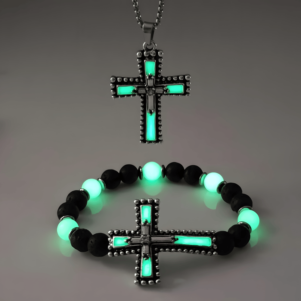 Set de Joyería de Cruz que Brilla en la Oscuridad con Piedra Volcánica: Su Gracia Cerca