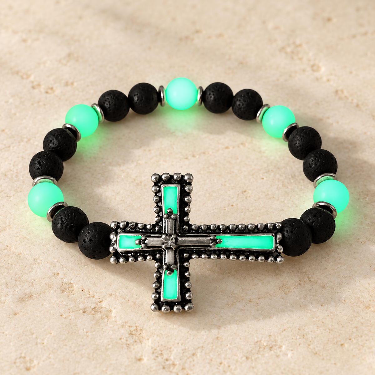 Glow-in-the-Dark Cross Jewelry Set with Volcanic Stone