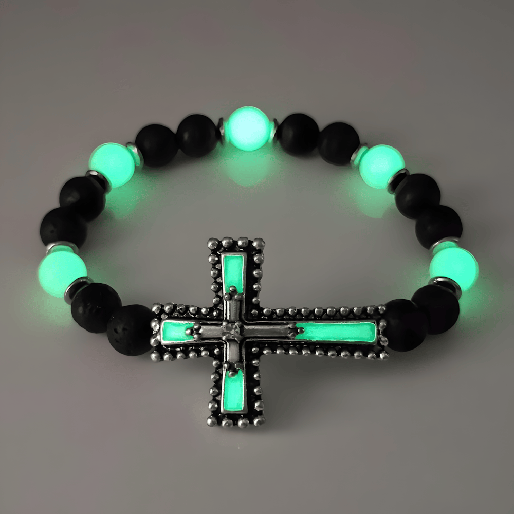 Set de Joyería de Cruz que Brilla en la Oscuridad con Piedra Volcánica: Su Gracia Cerca