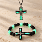 Glow-in-the-Dark Cross Jewelry Set with Volcanic Stone