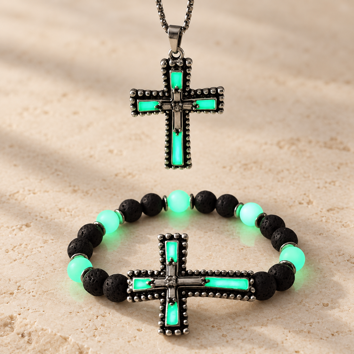 Glow-in-the-Dark Cross Jewelry Set with Volcanic Stone