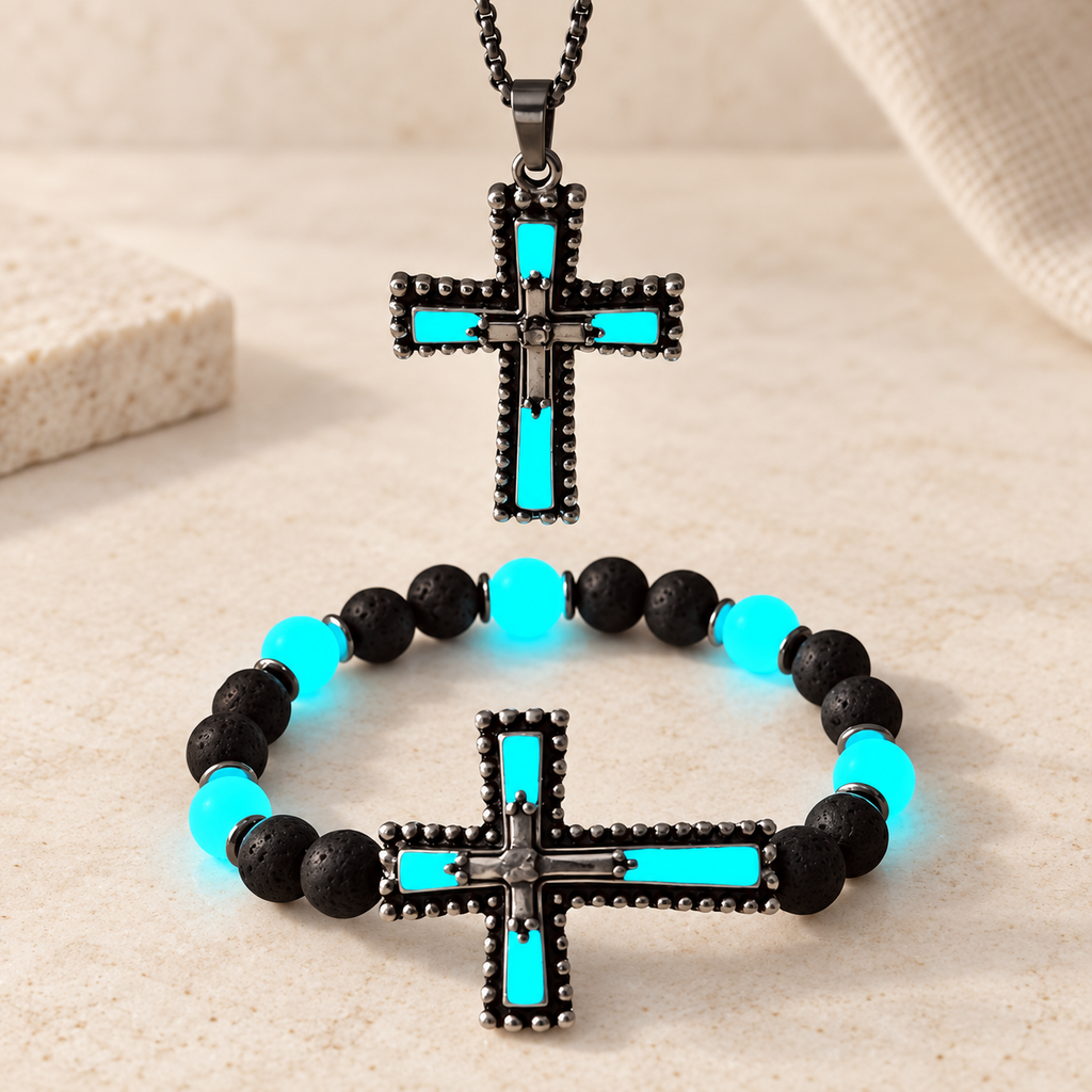 Glow-in-the-Dark Cross Jewelry Set with Volcanic Stone