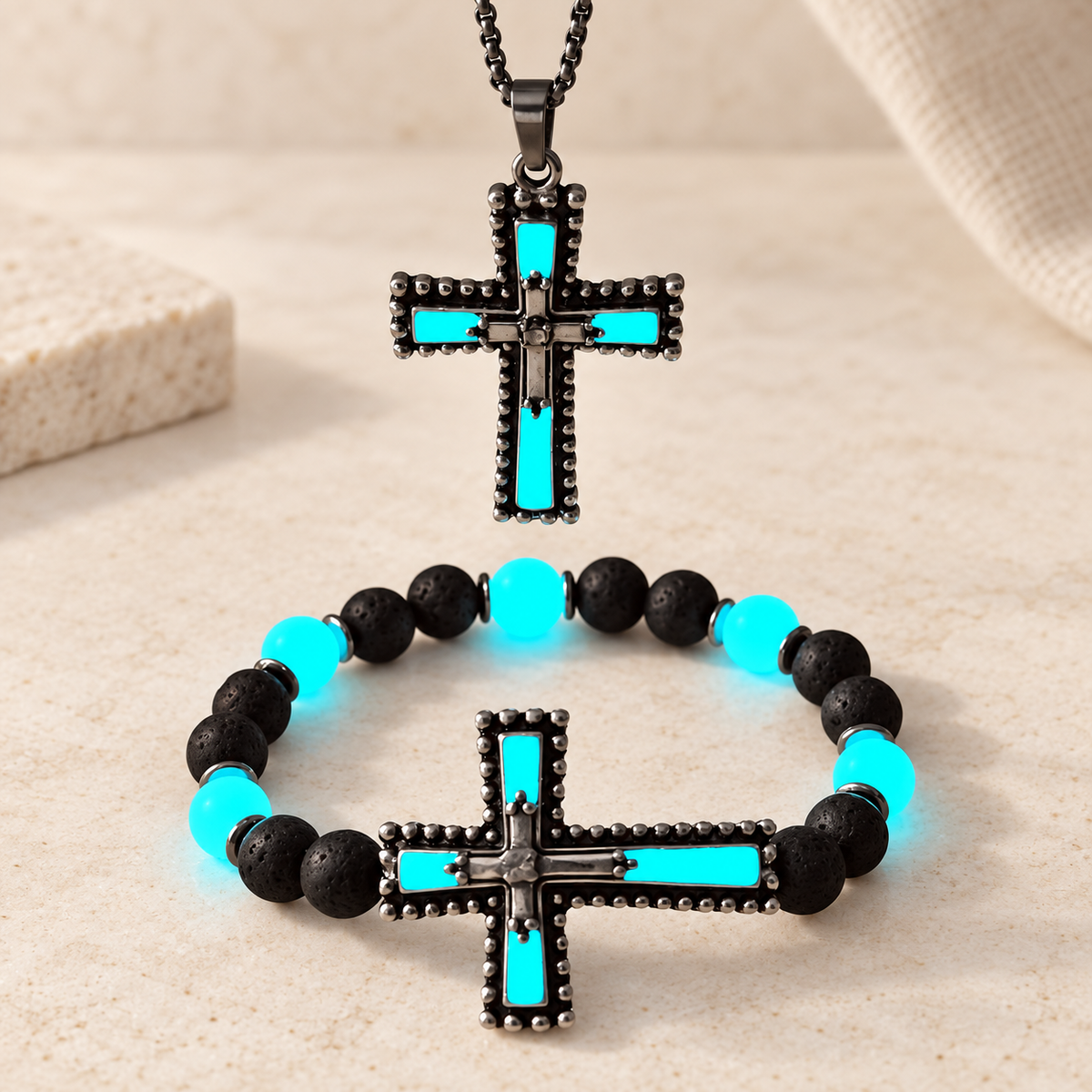Glow-in-the-Dark Cross Jewelry Set with Volcanic Stone