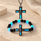 Glow-in-the-Dark Cross Jewelry Set with Volcanic Stone