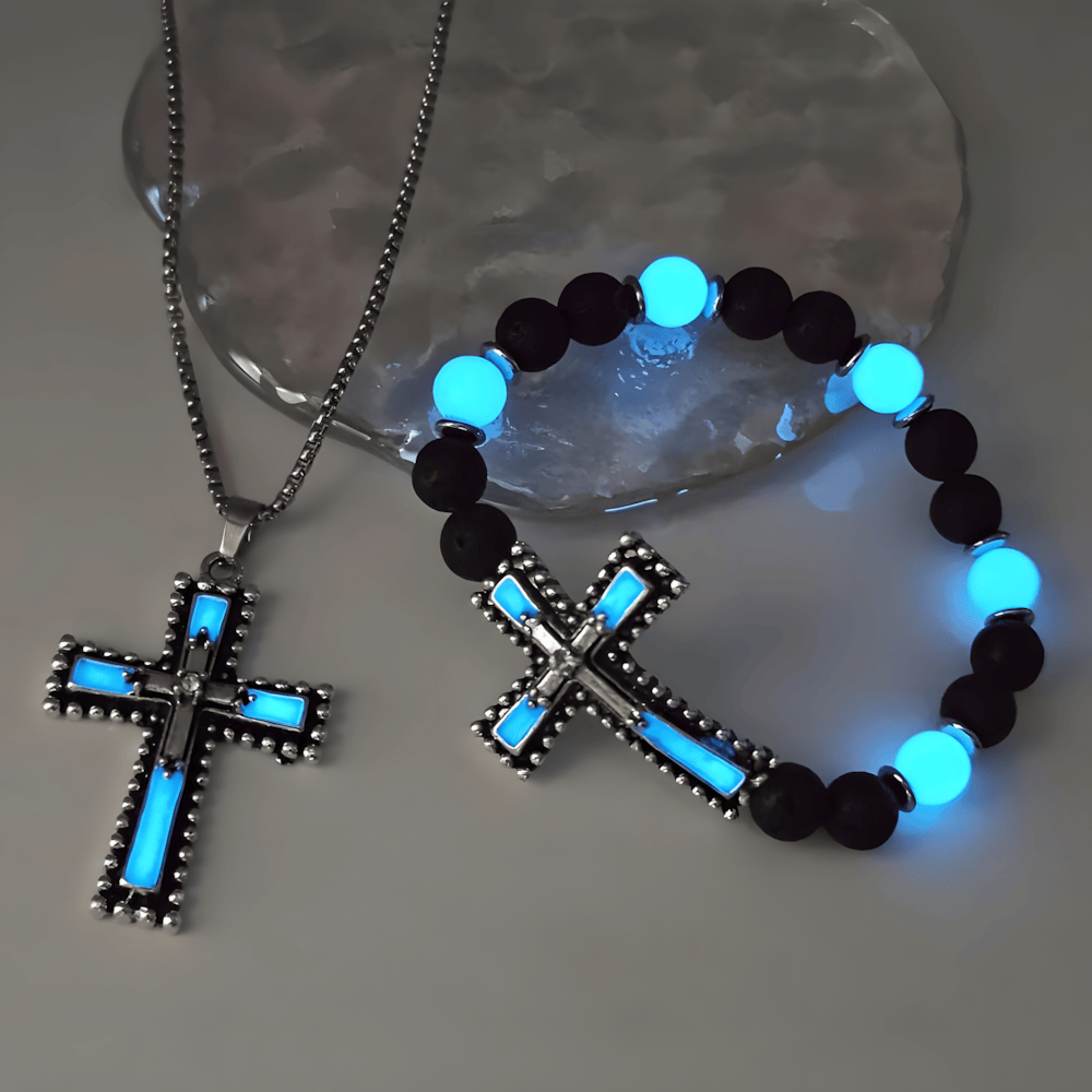 Set de Joyería de Cruz que Brilla en la Oscuridad con Piedra Volcánica: Su Gracia Cerca