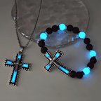 Set de Joyería de Cruz que Brilla en la Oscuridad con Piedra Volcánica: Su Gracia Cerca