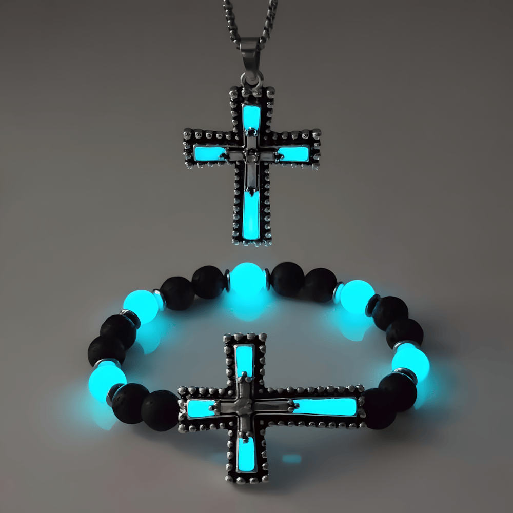 Set de Joyería de Cruz que Brilla en la Oscuridad con Piedra Volcánica: Su Gracia Cerca