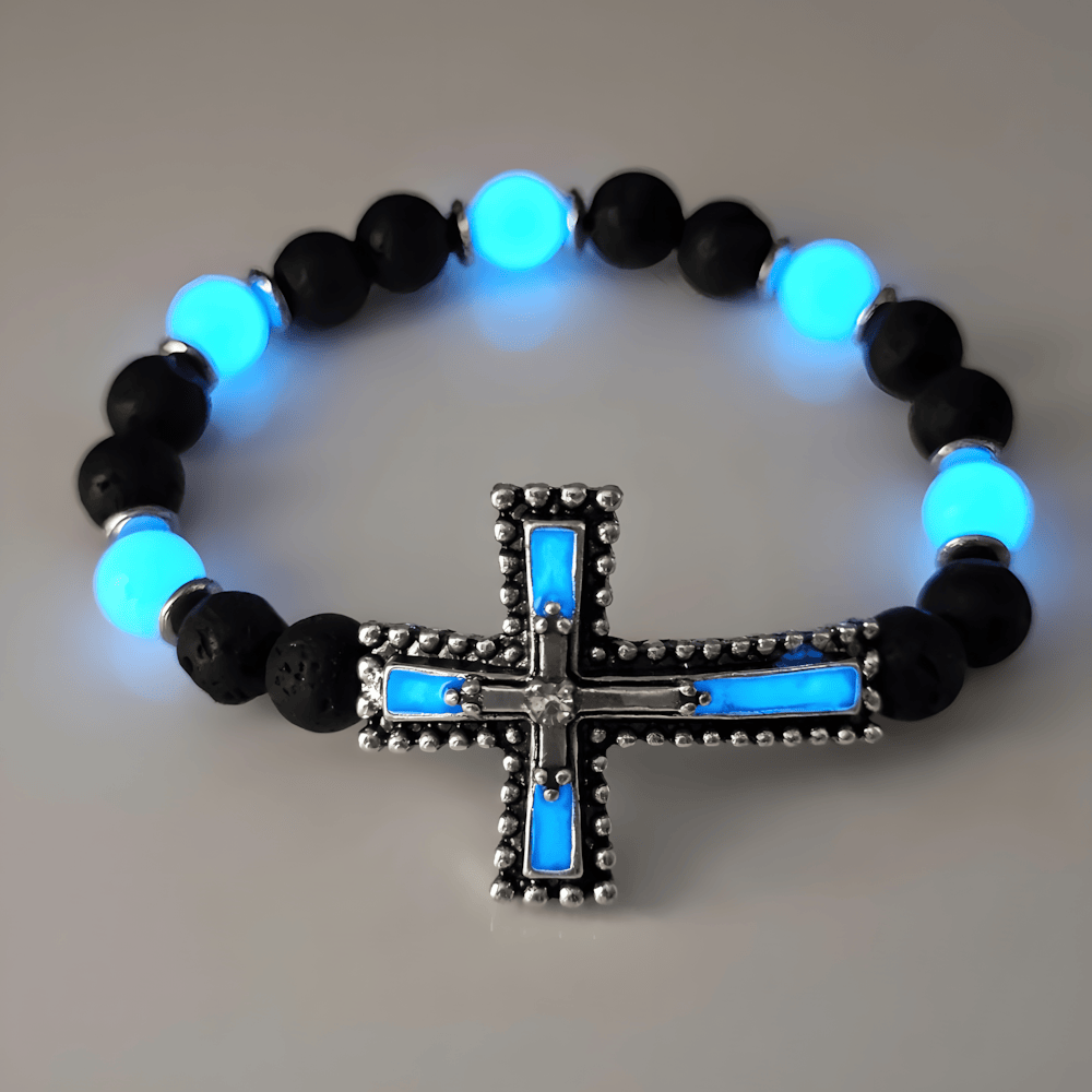Set de Joyería de Cruz que Brilla en la Oscuridad con Piedra Volcánica: Su Gracia Cerca