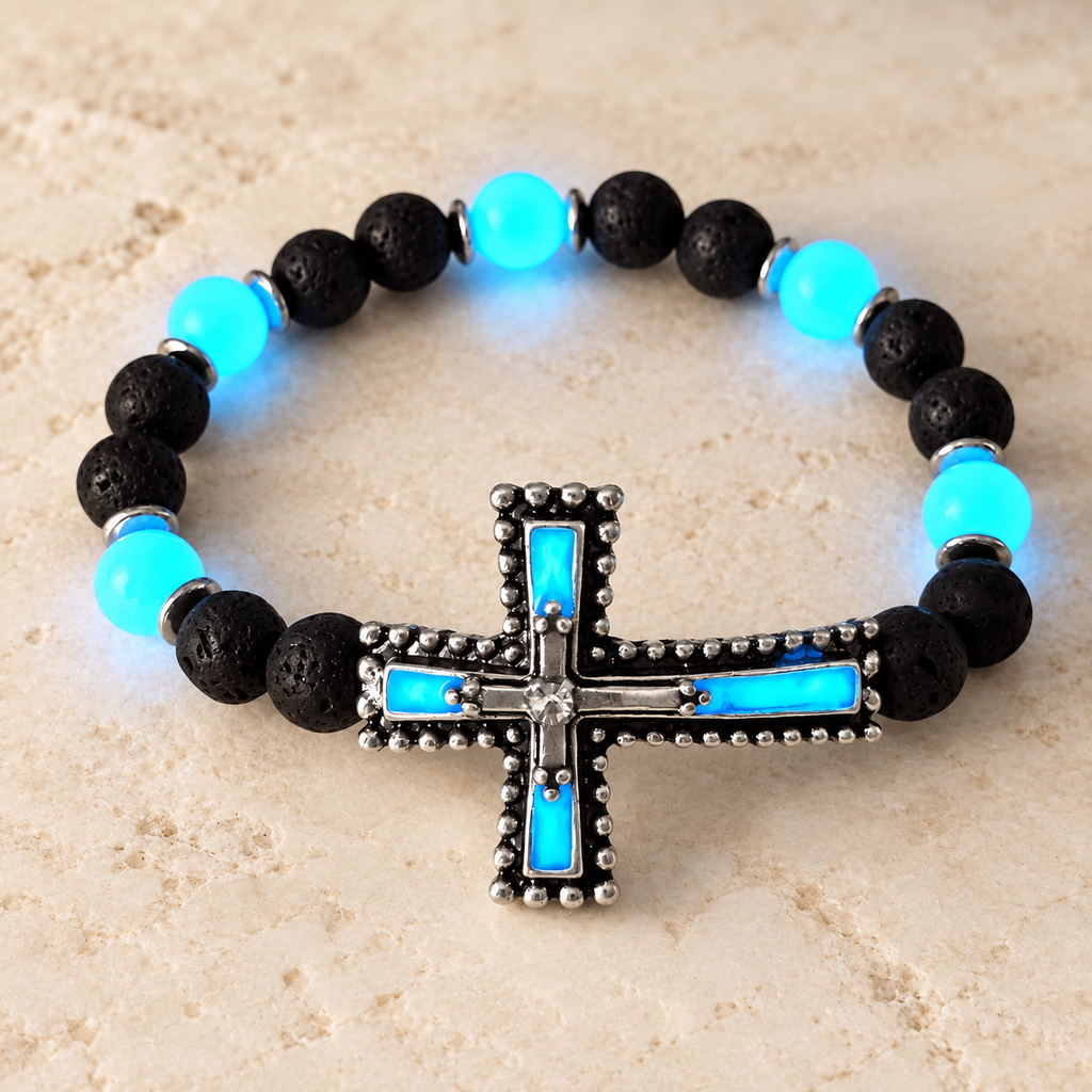 Glow-in-the-Dark Cross Jewelry Set with Volcanic Stone