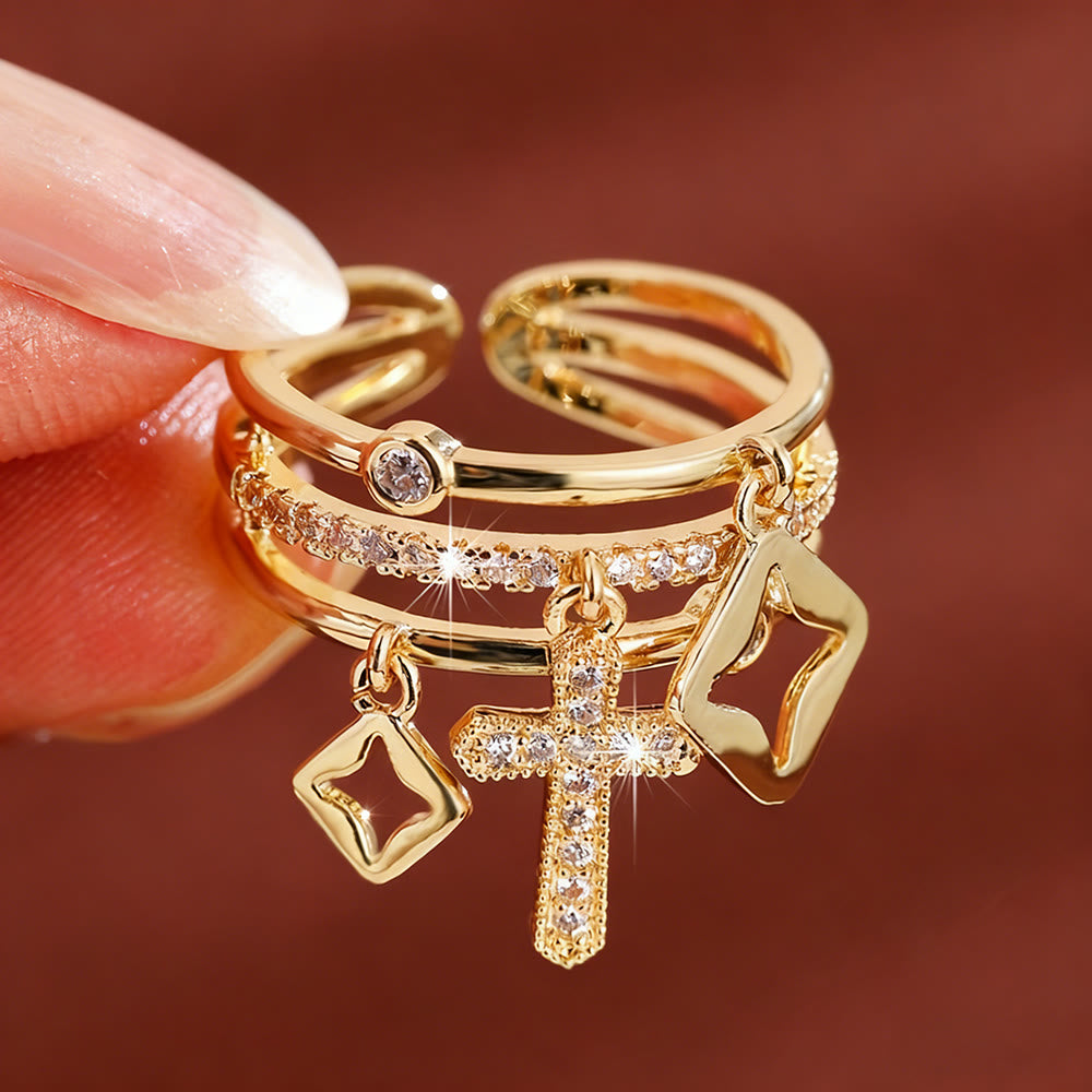 Anillo de Banda por Capas con Dije de Cruz Brillante: Recuerda Su Paz Serena