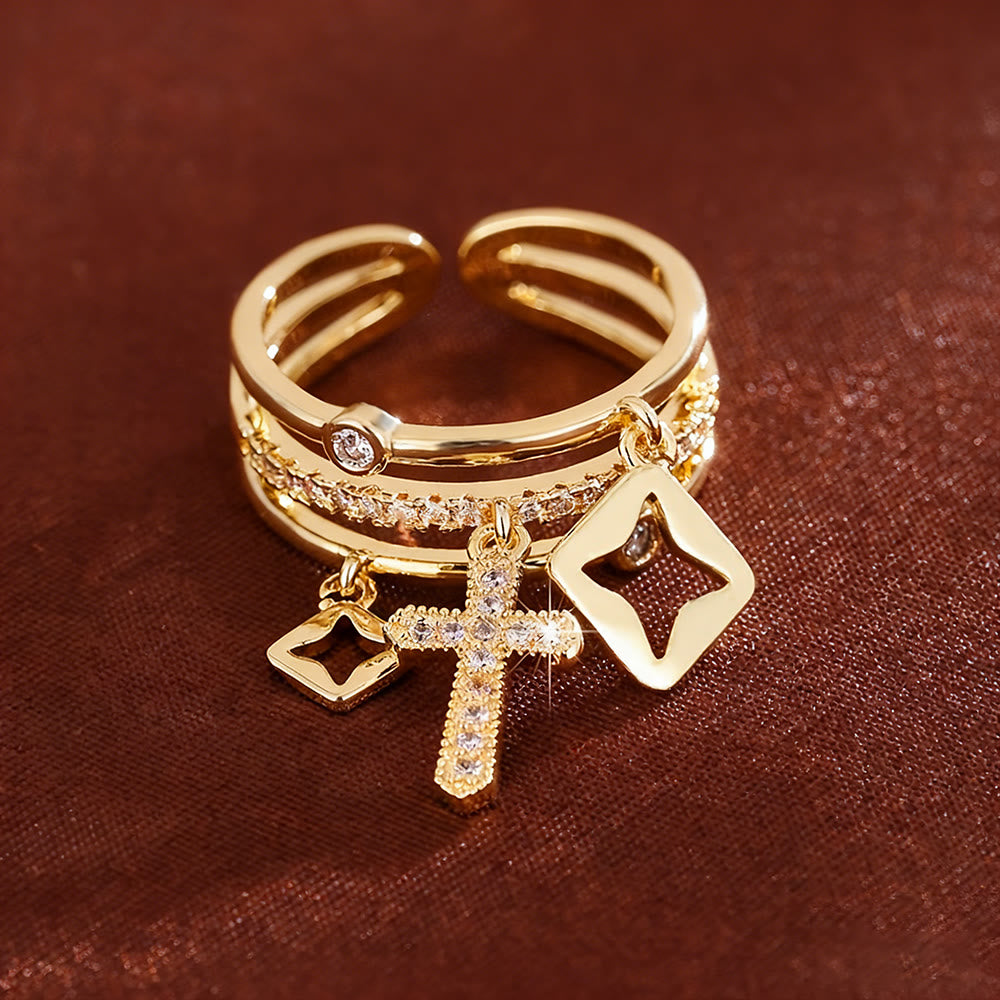 Anillo de Banda por Capas con Dije de Cruz Brillante: Recuerda Su Paz Serena