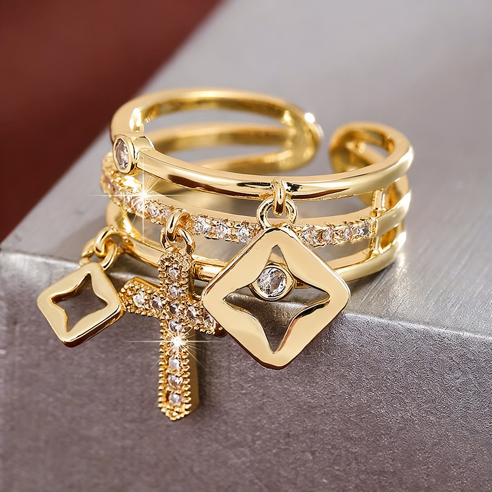 Anillo de Banda por Capas con Dije de Cruz Brillante: Recuerda Su Paz Serena