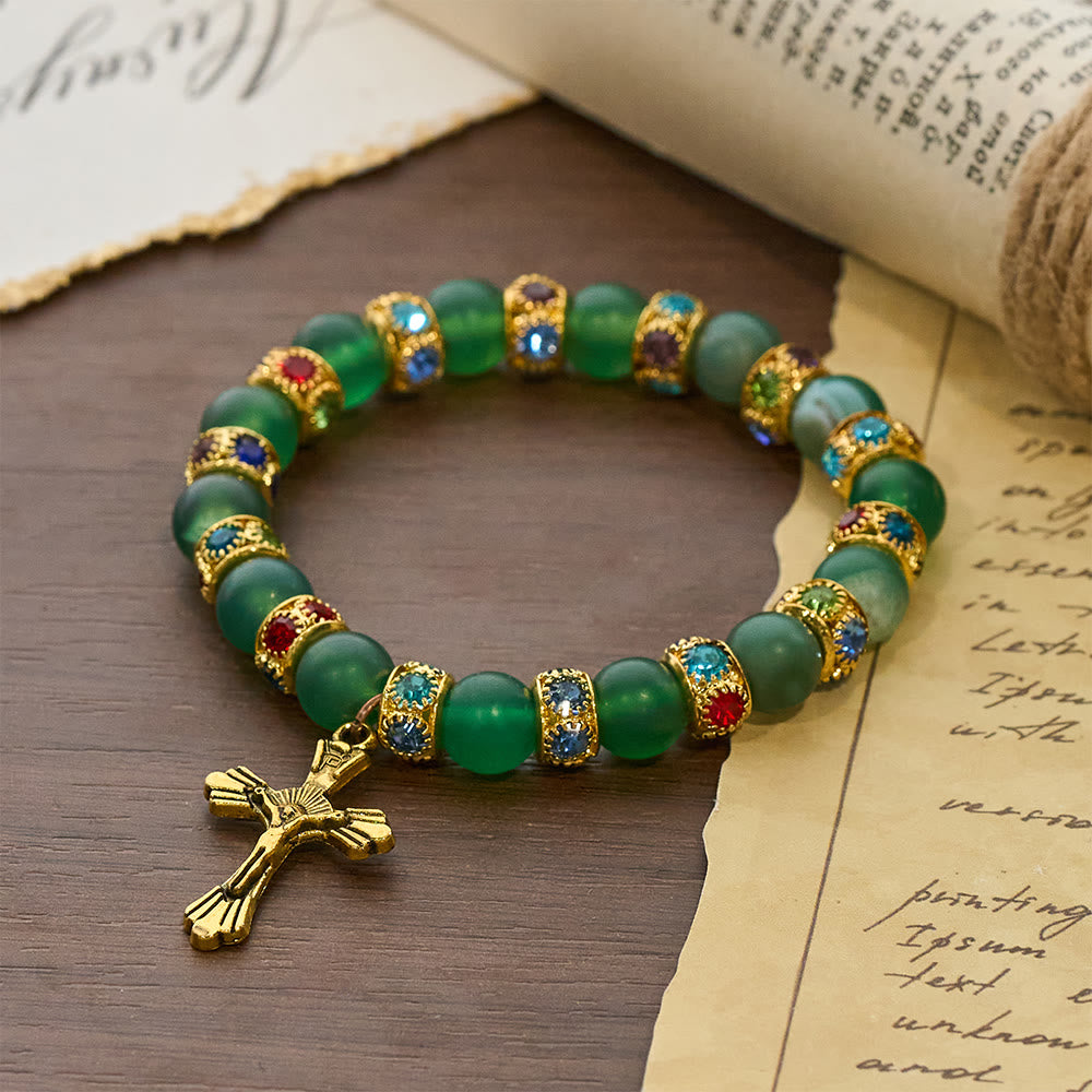 Pulsera de Cruz de Ágata Verde Esmerilada y Cristal Blanco: Fe Suave con Textura Luminosa