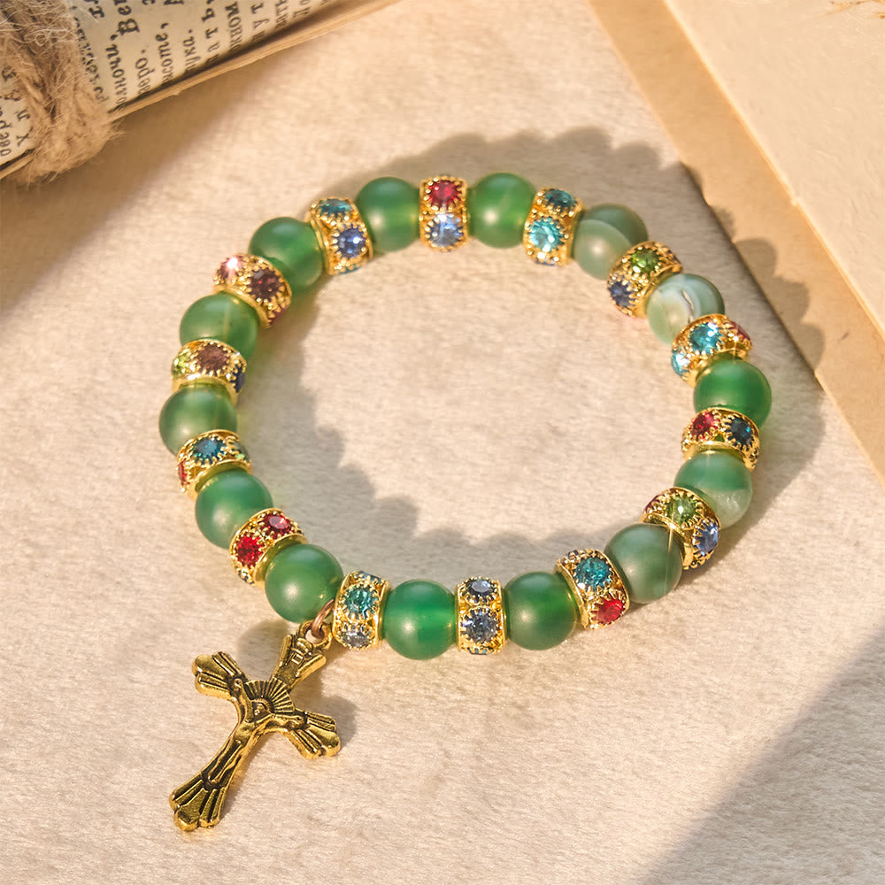 Pulsera de Cruz de Ágata Verde Esmerilada y Cristal Blanco: Fe Suave con Textura Luminosa