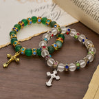 Pulsera de Cruz de Ágata Verde Esmerilada y Cristal Blanco: Fe Suave con Textura Luminosa